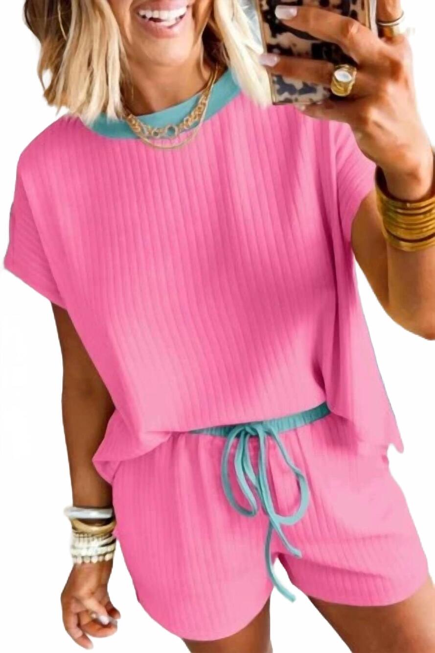 NEW SHEWIN soft ribbed color block trim casual short set in pink